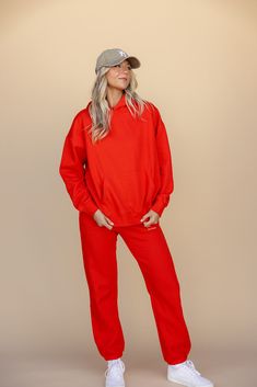 Ready to ditch the desk and dive into comfort? The Out of Office Set has got your back! The hoodie flaunts a playful message on the back, complete with a hood and front pocket. The sweats add extra chill with an elastic waistband, jogger-style pant legs, and pockets for all your essentials. Perfect for lounging in style out of the office (of course). fleece-lined Red Hooded Casual Activewear, Casual Red Hooded Activewear, Red Hooded Tracksuit For Loungewear, Red Tracksuit For Fall Loungewear, Red Tracksuit For Loungewear In Fall, Cotton Hoodie Activewear With Pockets, Cotton Hooded Activewear With Pockets, Cotton Activewear Hoodie With Pockets, Red Athleisure Tracksuit For Loungewear