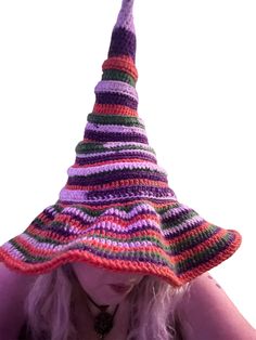 This sparkle whimsical hand crochet witch hat in orange white purple and green sparkle is a great choice for all those stylish wiccans out there. This adult size hat is great for Halloween costumes or everyday wear your choice. It is hand crocheted in a whimsical pattern . It can be machine washed and laid flat to dry so no matter what you get into your hat will be fresh and ready.  Perfect for Halloween and Beyond: Whether you're dressing up as a witch for Halloween or looking to add some enchantment to your everyday look, this orange purple white and green sparkle witch hat is a must-have. It's a versatile accessory that can be part of your witchy style all year round.  This item is hand washed in All Free and Clear before packaging since I handle them to make them.  They are already mad Green Witch Hat, Halloween Costume Crochet, Crochet Halloween Costume, Crochet Witch, Hat Halloween Costume, Crochet Orange, Witch Hat Halloween, Witchy Fashion, Halloween Crochet