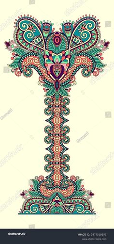 an ornate ornamental design in blue, pink and green colors on a white background stock photo