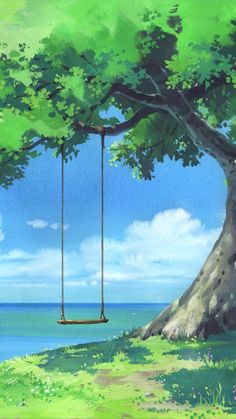 a painting of a tree with a swing hanging from it's trunk next to the ocean