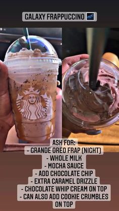 the menu for an iced coffee drink is shown in two different pictures, one with chocolate and