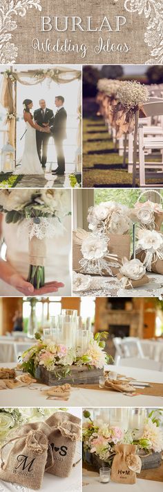 a collage of pictures with flowers and burlaps on them, including wedding decorations