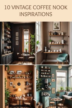 A collection of 4 images showcasing 10 vintage coffee nook ideas. The pin offers inspiration for creating a cozy atmosphere with wooden shelves, stylish tableware, and potted plants for coffee lovers. Coffee Equipment, Eclectic Style, Cozy Corner, Vintage Coffee, Wooden Shelves