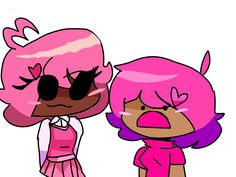 two cartoon characters one with pink hair and the other wearing black eyeglasses, standing next to each other