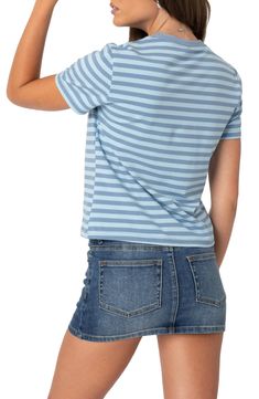 Two blue hues stripe a crewneck T-shirt cut in a boxy, relaxed fit. Crewneck Short sleeves 95% cotton, 5% spandex Machine wash, dry flat Imported Blue Crew Neck Tops With Horizontal Stripes, Blue Horizontal Stripe Crew Neck Tops, Everyday Horizontal Stripe Crew Neck T-shirt, Casual Horizontal Stripe Pattern T-shirt For Everyday, Casual Striped T-shirt For Everyday, Blue Short Sleeve Top With Horizontal Stripes, Blue Striped T-shirt For Summer, Casual Horizontal Stripe Crew Neck Top, Casual Crew Neck Top With Horizontal Stripes