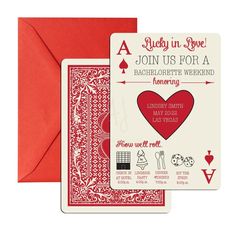 a red and white playing card with the words,'lucky in love join us for a bachelor weekend '