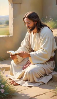 a painting of jesus reading the bible in front of a window with grass and flowers