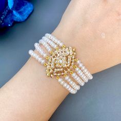 small pearl bracelet for women in 22k gold Jadau Bracelet Gold, Jadau Bracelet, Small Pearl Ring, 22k Gold Jewelry Necklaces, Hyderabadi Jewelry, Gold Pearl Bracelet, 22k Gold Jewelry, Pearl Necklace Set, Cotton Kurti