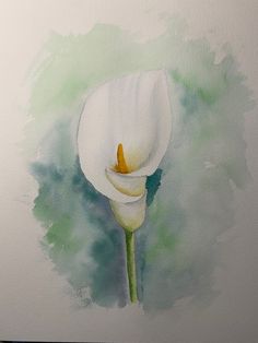 a painting of a white flower with green watercolors on the back ground and behind it