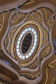 the inside of a building with many lights and circular decorations on it's ceiling