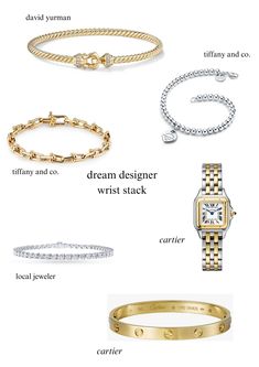 cartier panthere watch, cariter love bracelet, tiffany heart tag bracelet, tiffany chain bracelet, david yurman twist bangle, tennis bracelet. White Gold Cartier Love Bracelet Stack, Stacked Watch And Bracelets, Stacking Tiffany Bracelets, Bracelet Stack Luxury, Tennis Bracelet And Watch, Cartier Bracelets Stacked, Evry Jewels Bracelet Stack, David Yurman Stack Rings, Bracelets Tiffany & Co.