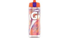 the gatorade water bottle has an orange lid and is filled with colorful liquid