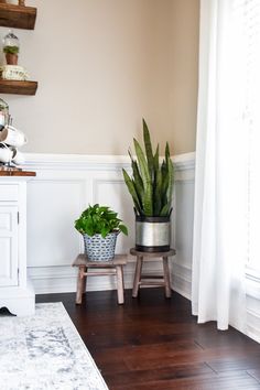 a potted plant sitting on top of a wooden table next to a white cabinet