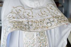 Orthodox priest vestments set. Fully embroidered, made from natural silk. It's very light and breathable. It includes phelonion, epitrahelion, cuffs, belt, palitsa and stikharion After the order we will ask your measurements. It takes about four week to produce it and ship to you. We locate in FL, USA. White Embroidered Chasuble For Church, Traditional White Embroidered Chasuble, White Elegant Chasuble For Weddings, Priest Vestments, Priest Robes, Orthodox Priest, Natural Silk, Borders, Etsy Accessories