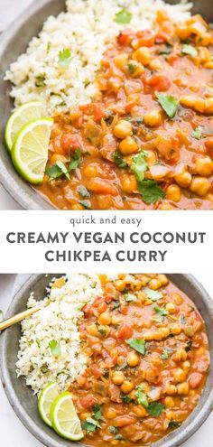 creamy vegan coconut chickpea curry with limes and cilantro