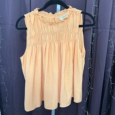 Very Cute Top! (F4) Casual Smocked Top With Ruffled Collar, Spring Smocked Top With Ruffled Collar, Summer Blouse With Smocked Bodice And Ruffled Collar, Sleeveless Smocked Top With Smocked Cuffs, Orange Sleeveless Ruffled Top, Smocked Top, Cute Tops, Smocking, Womens Tops