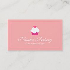 a pink business card with a cupcake on the front and white lettering that reads, natalie's bakery