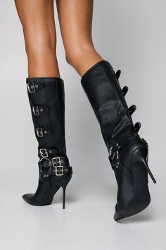 Boot up. Feel confident when you step out in our knee high boots, with statement strappy details and a pointed toe. Pairs well with dresses or cargo pants for a look that will take you anywhere, from parties to happy hour. Faux Leather Buckle Detail Pointed Toe Knee High Boots High Quality Faux Leather Unique Buckle Detailing Contrasting Metal Accents Fierce Pointed Toes Statement Stiletto Heels High Thigh Boots, Shop Boots Online, Knee High Boots Flat, Thigh Boot, Shoe Inspo, Womens Knee High Boots, Rainy Day Outfit, Leather Buckle, Shoe Lover