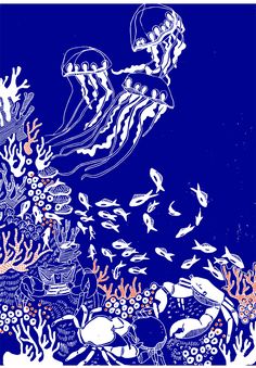 a blue and white drawing of jellyfish in the ocean with corals, seaweed and other marine life