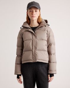 The perfect jacket for your cold-weather adventures is here: our Responsible Down Cropped Puffer Jacket. You'll be warm all winter long in even the coldest of climates, and the water-repellent and wind-resistant fabric make this jacket perfect for any winter activity. Plus, our down products are sourced responsibly to ensure best practices in animal welfare. Meet your new winter wardrobe staple for years to come.  | Quince | Women's Responsible Down Cropped Puffer Jacket in Stone Taupe, Recycled Winter Going Out Outfits, Super Puff, Winter Activity, Retro Coat, Heather Brown, Cropped Puffer Jacket, Just Run, Going Out Outfits, Animal Welfare