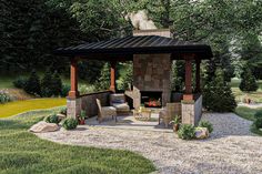 a gazebo in the middle of a park with chairs around it