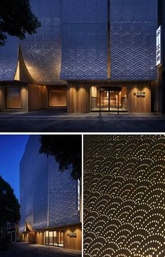 the facade and side of a building with lights on it at night, in different stages of