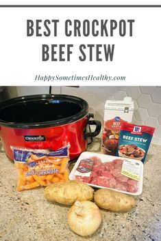 the crockpot beef stew recipe is shown with potatoes, carrots and other ingredients