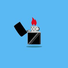 a black lighter with a red flame coming out of it's top, on a blue background