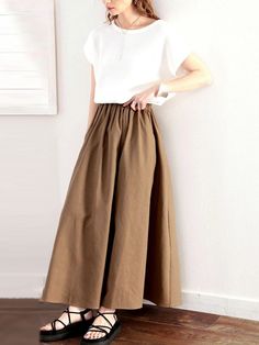 A-line Loose Elasticity Solid Color Skirts Bottoms Casual Solid A-line Maxi Skirt, Spring A-line Bottoms With Elastic Waistband, Casual A-line Bottoms For Day Out, Spring A-line Maxi Skirt For Workwear, Summer A-line Stretch Bottoms, Spring Casual A-line Bottoms, Wide Leg Pleated Skirt With Elastic Waistband For Spring, Summer A-line Bottoms With Elastic Waistband, Casual A-line Pleated Maxi Skirt