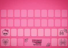 a pink keyboard with black and white stickers on it's back side, in front of a pink background