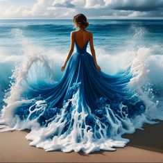 a painting of a woman in a blue dress standing on the beach with crashing waves