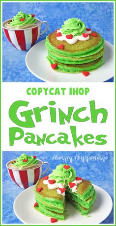 some green pancakes with frosting on them and the words, copycat hop grinen pancakes