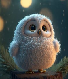 an owl sitting on top of a tree stump in the snow with bright lights behind it