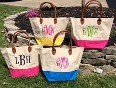 "Monogrammed Tote Bags by Deshler Designs This tote bag makes the perfect gift for any occasion. Available in 3 fun colors and big enough to fit all your necessities. Monogram included...you could do a 3-letter monogram, name, or single large initial. Match the bag color, or choose another color of your choice! Material: Canvas, Pleather Accents Dimensions: 18\"W x 12.5\"H x 9.5\"D One open compartment with one interior pocket Handle Drop: 6\" **lime green & hot pink have sold out Please inc Personalized Blue Bags For Daily Use, Personalized Multicolor Bags For Everyday, Multicolor Personalized Bags For Everyday Use, Personalized Rectangular Canvas Shopping Bag, Customizable Pink Bag For Shopping, Everyday Personalized Multicolor Bags, Customizable Pink Shopping Bag, Customizable Tote Canvas Bag For Shopping, Blue Monogram Bags For Everyday Use