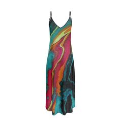 Frelisa Fabulous uses bold and energetic colors in her paint-pour artwork and then incorporates the artwork onto a Slip Dress. Our artistic designs and materials will transform a woman into a priceless walking gem for any evening or cocktail occasion. All eyes will be on her. The three fabric choices are exemplary; the pure silk satin gives a silky and sensual feel. Butterfly Smooth Crêpe is excellent if a woman wants a lightweight, floaty dress. Lustrous Seduction Poly Satin would be considered Artistic Multicolor Party Dress, Artistic Multicolor Beach Dress, Artistic Multicolor Graphic Print Dress, Fitted V-neck Dress With Abstract Print, Summer V-neck Dress With Abstract Print, Luxury V-neck Dress With Abstract Print, V-neck Abstract Print Beach Dress, Floaty Dress, Multicolor Abstract Print V-neck Maxi Dress