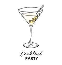 a cocktail glass with olives in it and the words cocktail party written on it