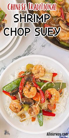 shrimp and vegetable stir - fry with rice in a white bowl