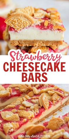 strawberry cheesecake bars stacked on top of each other with the words, strawberry cheesecake bars