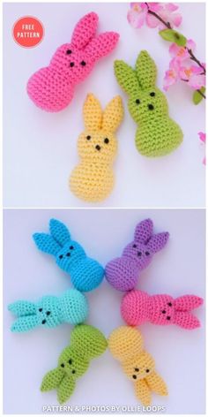 four crocheted bunnies in different colors and sizes