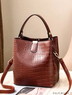 BagForLove - Crocodile Embossed Mini Bucket Bag Brown Single Handle Bucket Bag, Cheap Crossbody Bags, Bucket Handbags, Mini Bucket, Mini Bucket Bags, Bucket Bags, Crocodile Pattern, Handbag Patterns, Crocodile Leather