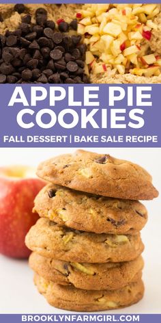 stack of apple pie cookies under a closeup of the apples and chocolate chips in a mixing bowl Apple Pie Cookies Recipe, Pie Cookies Recipe, Apple Pie Cookie Recipe, Apple Pie Ice Cream, Cookies Fall, Homemade Ice Cream Sandwiches, Apple Pie Cookies, Sweet Breakfast Treats