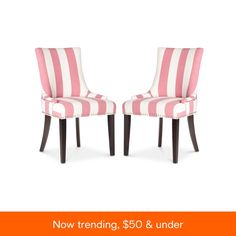 pair of pink and white striped dining chairs