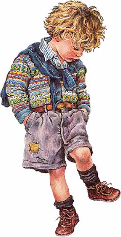 a drawing of a young boy in shorts and sweaters with boots on his feet