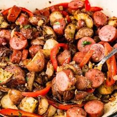 Sausage Skillet Recipe, Sausage And Potatoes Skillet, Roasted Rainbow Carrots, Blueberry Crumb Cake, Sausage Skillet, Red Pepper Dip, Potato Skillet, Stuffed Pepper Dip, Skillet Potatoes