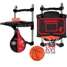 a basketball hoop with two balls in front of it and an object on the back