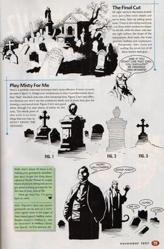 an old book with some pictures and text on the page, including images of people in graveyard