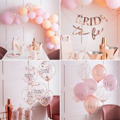 balloons and confetti are arranged on the wall for a bridal shower party