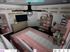 a virtual view of a bedroom with pink and white decor, including a ceiling fan