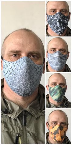 a man wearing a face mask with multiple images of the same fabric covering his face