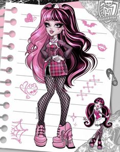 a drawing of a girl with long pink hair and high heels on top of a notepad